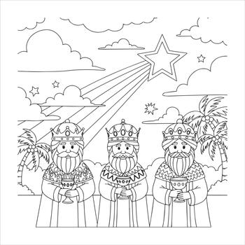 Three Wise Men wearing crowns and holding chalices with a star and palm trees in the background vector