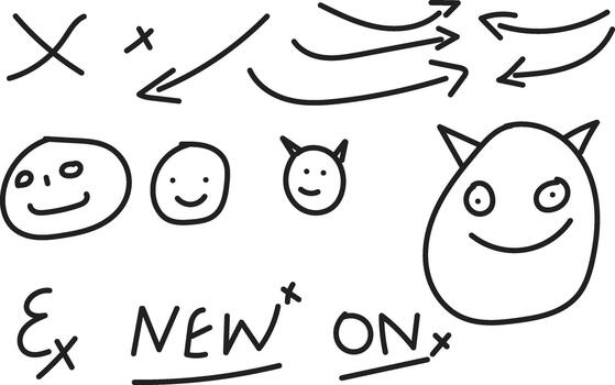 Hand-drawn black doodle artwork with playful faces, arrows, sketches, and minimal shapes creating a simple expressive abstract style vector