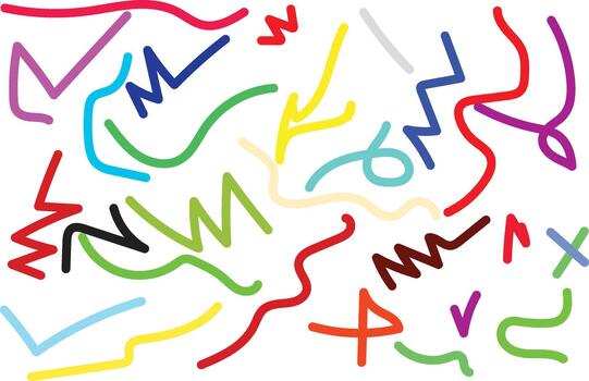 Colorful abstract squiggle lines forming a playful modern graphic pattern with dynamic curves, creative strokes, and vibrant motion vector