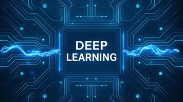 animado ilustración de profundo aprendizaje texto con brillante circuito líneas y eléctrico energía en un oscuro tecnología antecedentes. concepto de artificial inteligencia y datos Procesando video