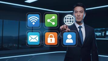 Asian businessman interacting with floating digital communication and security icons in a futuristic office. Concept of technology, connectivity and digital interface video