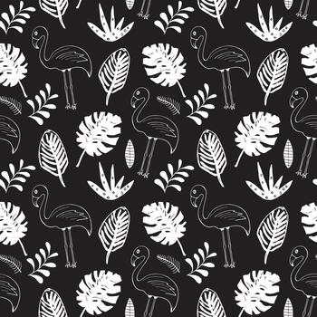 Playful flamingo characters in a jungle pattern vector