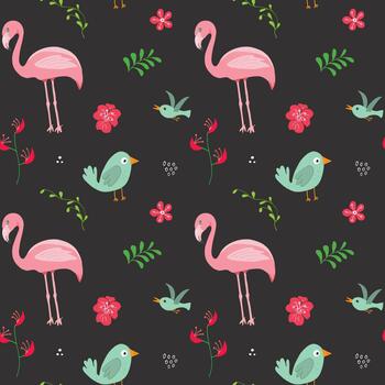 Playful flamingo characters in a blooming jungle pattern vector
