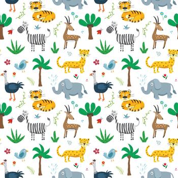 Whimsical jungle creatures in a playful seamless pattern background vector