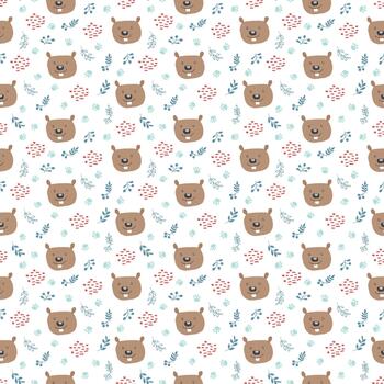 Repeating pattern of playful cartoon beavers in forest vector