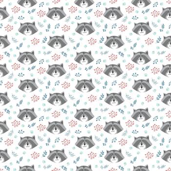 Repeating pattern of playful cartoon raccoons in forest vector