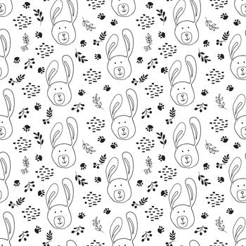 Repeating cartoon rabbit design with forest elements vector