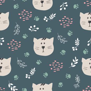 Playful cat pattern in a whimsical forest print vector