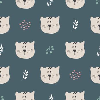 Cute feline characters in a joyful woodland repeating pattern vector