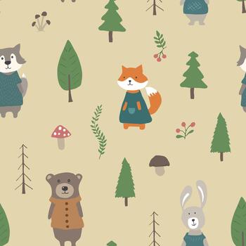 Seamless design with smiling cartoon forest critters vector