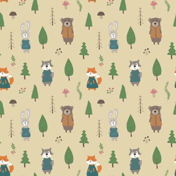 Cute woodland creatures in a repeating pattern vector