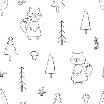 Playful fox characters in a repeating forest pattern vector