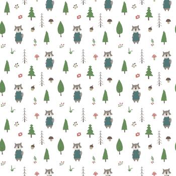 Repeating pattern of playful cartoon wolves in forest vector