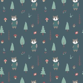 Whimsical repeating pattern with cute forest wolves vector