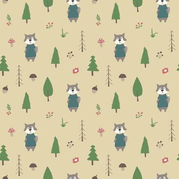 Cartoon wolves in a joyful forest repeating pattern vector