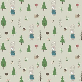 adorable conejos entre arboles en un repitiendo modelo vector