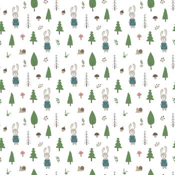 repitiendo modelo de juguetón dibujos animados conejos en bosque vector