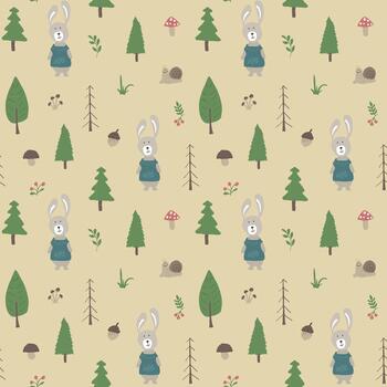 Cartoon rabbits in a repeating forest pattern vector