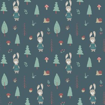 Whimsical repeating pattern with cute forest rabbits vector