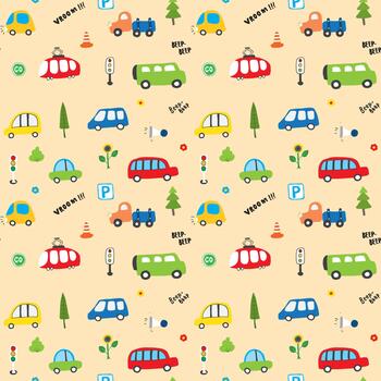 Playful automobile doodles in a child-themed repeating pattern vector
