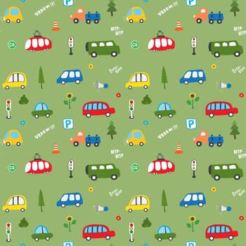 Playful mini automobiles in a child-friendly repeating print vector