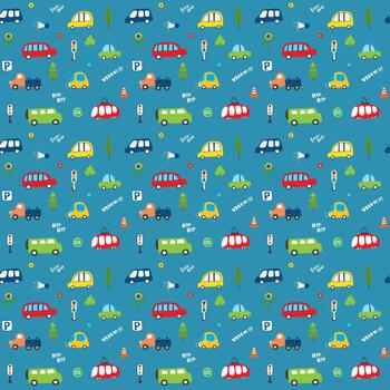 Fun vehicle illustrations in a joyful repeating background vector