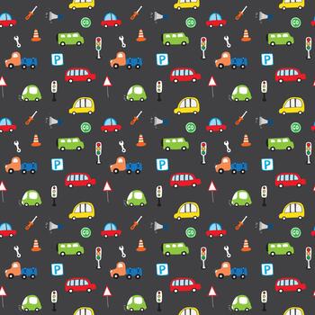 Adorable transportation icons in a cheerful repeating pattern vector