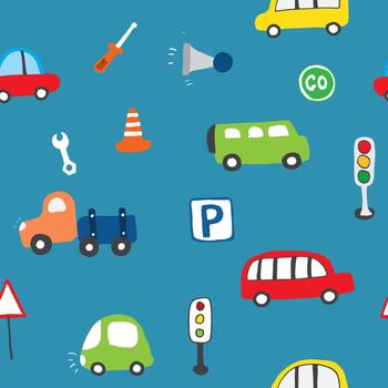 Whimsical urban automobiles in a playful repeating pattern vector