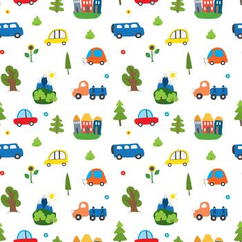 divertido minicoches y autobuses en un caprichoso repitiendo modelo vector