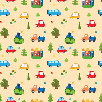 Whimsical vehicle icons in a playful repeating background vector
