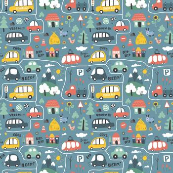 Playful cartoon traffic in a joyful repeating pattern vector