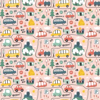 Whimsical mini automobiles in a playful repeating background vector