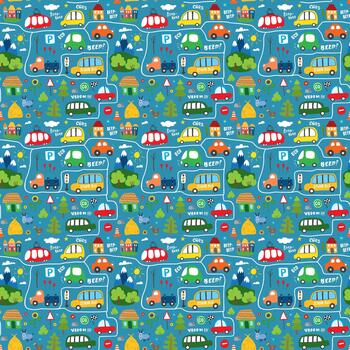Adorable vehicle doodles in a repeating nursery pattern vector