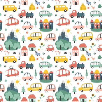 Whimsical urban icons in a playful repeating pattern vector