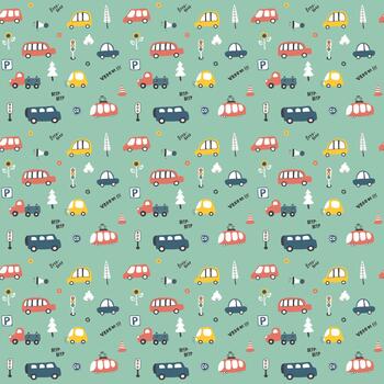 Playful mini automobiles in a joyful repeating design vector