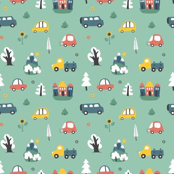 Fun transportation icons in a cheerful repeating pattern vector