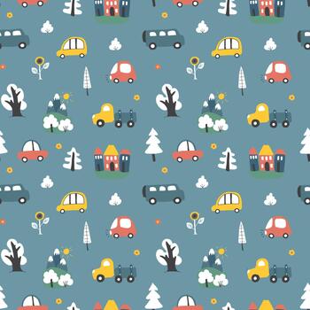 Cute hand-sketched transport in a playful repeating motif vector