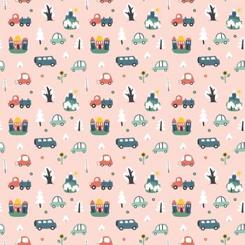 linda dibujos animados tráfico en un caprichoso repitiendo modelo vector