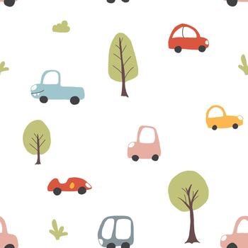 Child-friendly vehicle pattern with urban trees and nature elements vector
