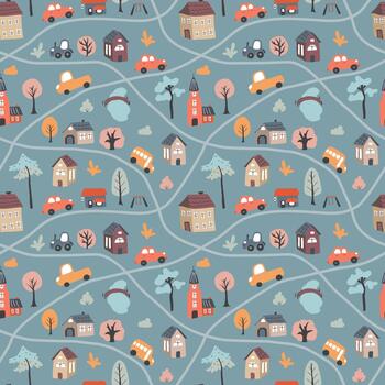 Playful urban pattern with buses and lake for nursery use vector