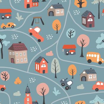 juguetón ciudad antecedentes con tráfico y arquitectura para impresión vector