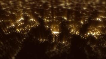 brilhando dourado partícula ondas fluindo dentro suave movimento. abstrato cintilante superfície com dinâmico luz profundidade e digital faísca texturas. elegante luxo fundo. 4k 60fps laço. video