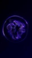 Vertical 4K loop of a glowing purple particle sphere with dynamic flowing dots and evolving structures. Futuristic portrait motion for mobile screens and reels. video