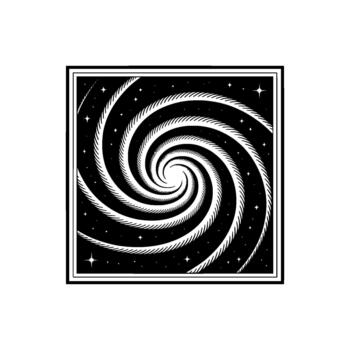 A mesmerizing abstract monochrome spiral vortex with countless twinkling stars and a bold geometric border creating a sense of infinite cosmic depth and mystery vector