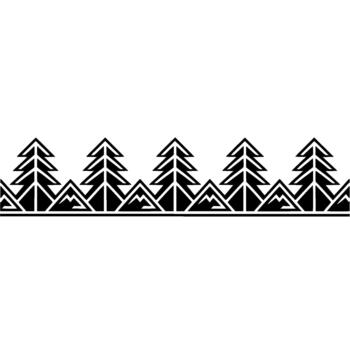A seamless border featuring a stylized row of geometric evergreen trees and triangular mountain peaks vector