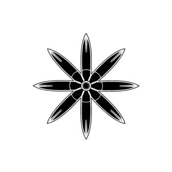 A striking geometric abstract floral with eight pointed petals radiating from a central circular core isolated vector