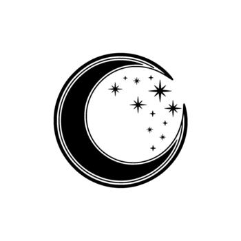 A stylized crescent moon with multiple starbursts and simple stars emerging from its inner curve vector
