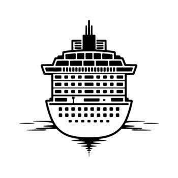 Minimalist illustration of a large modern passenger cruise ship with multiple decks and balconies reflected vector