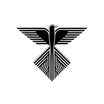 A striking minimalist abstract geometric representing a stylized bird with wide wings outstretched and a diamond shaped body composed of elegant parallel lines vector