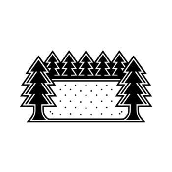 Stylized minimalist illustration of a dense forest line with geometric evergreen trees and a pattern of small dots representing snow or stars vector